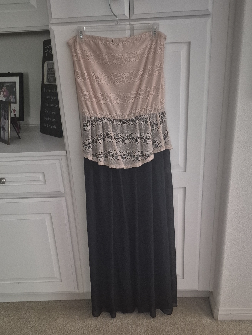 Strapless Chance or Fate Beige Lace Peplum Maxi Dress with Lace Top